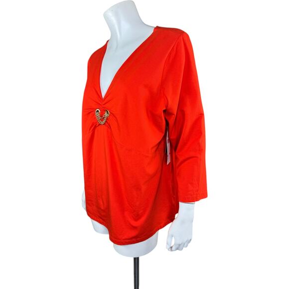 Jones New York Orange Womens 1X Stretch 3/4 Sleeve Blouse Chain Detail V-Neck - Picture 6 of 12